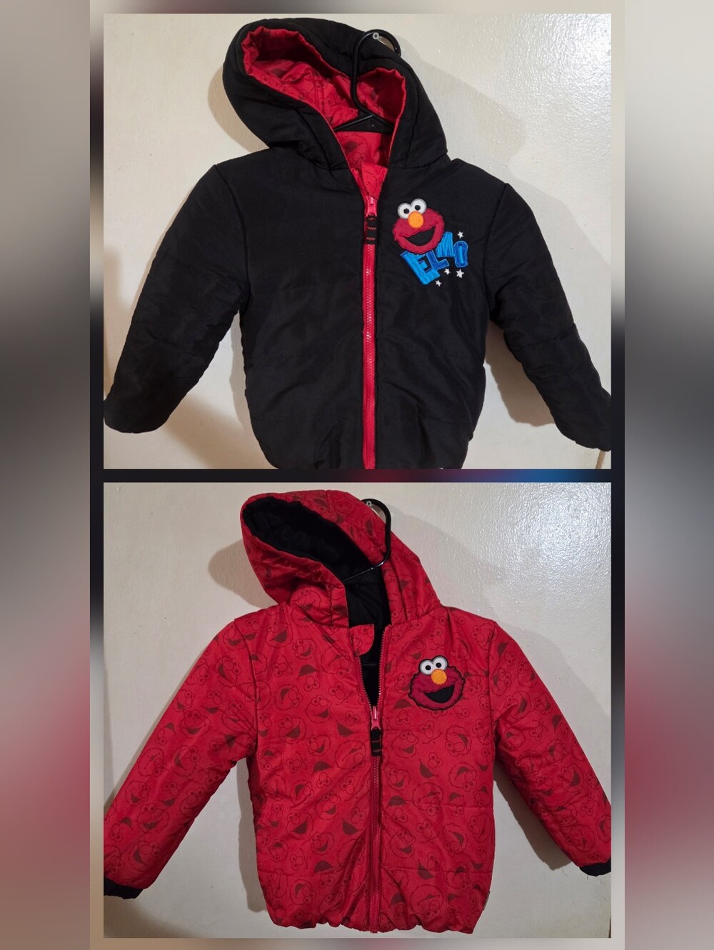 Sesame Street Elmo Licensed Reversible Puffer Jacket Black Red Winter Coat 4T
